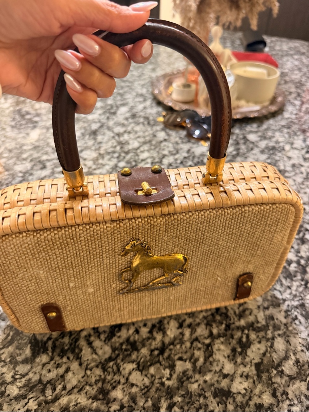 Vintage Western Natural Woven Top-Handle Bag with Gold Horse Accent - Picture 5 of 8